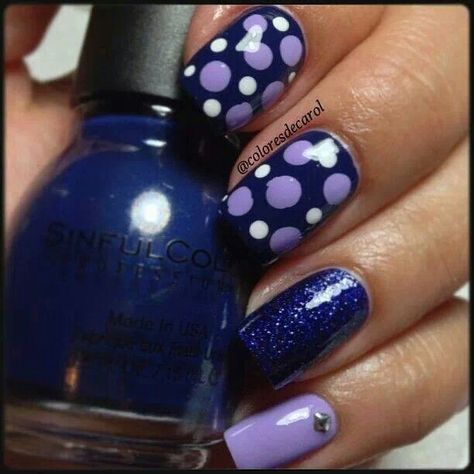 Purple and poke a dots Kawaii Nail Art, Navy Nails, New Nail Designs, Nail Designs Valentines, Polka Dot Nails, Nails Blue, Super Nails, Diy Nail Designs, Pink Nail Designs