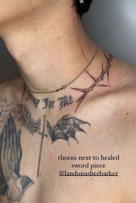 Thorns Around Neck Tattoo, Neck Chest Tattoo Men, Small Mens Neck Tattoos, Neck Collar Bone Tattoo, Around Neck Tattoo Men, Thorns Collarbone Tattoo, Collarbone Neck Tattoo, Collar Bone Neck Tattoo, Tattoo Ideas For Men On Chest