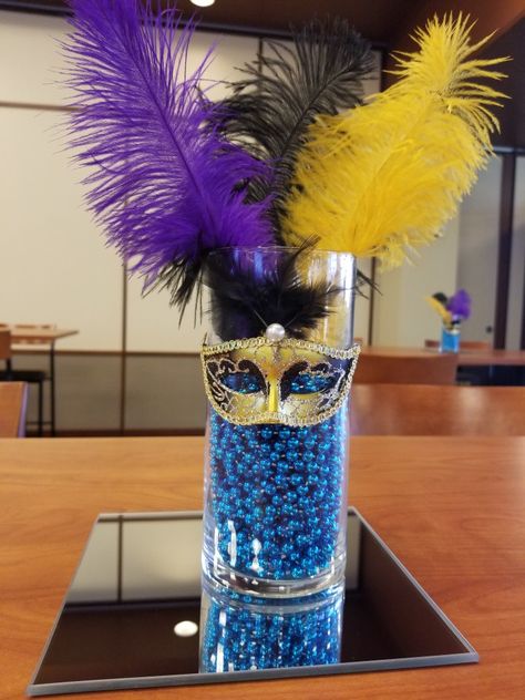 Purple And Gold Masquerade Party, Masquerade Centerpiece, Masquerade Party Themes, Purple Masquerade, Masquerade Centerpieces, Masquerade Decorations, Simple Centerpiece, Masquerade Party Decorations, Midnight Masquerade