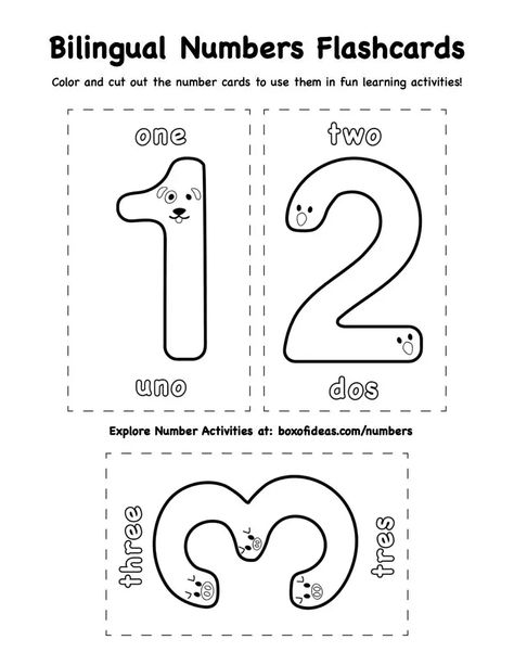 numbers 1, two and three designed for bilingual english-spanish speaking preschool children Beginner Spanish Worksheets, Numbers In Spanish, Young Toddler Activities, Numbers For Toddlers, Spanish Learning Activities, Spanish Numbers, Teaching Counting, Number Flashcards, Number Posters