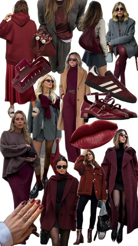 Wine Color Palette Outfit, Burgundy Tennis Shoes Outfit, Colors That Go With Burgundy Clothes, Burgundy Fashion 2024, Maroon And Brown Outfit, Burgandy Outfits Aesthetic, Brown And Burgundy Outfit, Burgundy Winter Outfits, Burgundy Outfit Aesthetic