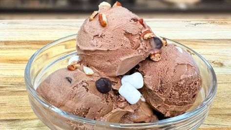 Rocky Road Ice Cream Recipe Homemade Rocky Road Ice Cream, Homemade Rocky Road, Rocky Road Ice Cream, Gourmet Magazine, Easy Meals For One, Recipe For One, Gooey Brownies, Ice Cream Base, Types Of Chocolate