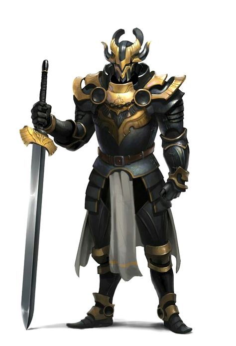 Fighter Knight in Black and Gold Armor - Pathfinder PFRPG DND D&D d20 fantasy Phoenix Knight, Sun Knight, Plate Mail, Mail Armor, Gold Armor, Knight Armor, Fantasy Armor, Armors, Armor Concept