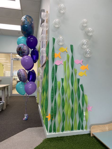 Under The Sea Streamers, Diy Sea Themed Party Decorations, Diy Beach Theme Party, Mermaid Theme 3rd Birthday, Dive Into Five Birthday Decorations, Seaweed Party Decoration, 3 Under The Sea Birthday Party, Sea Creature Birthday Party Ocean Themes, Sea Themed Birthday Party Decorations