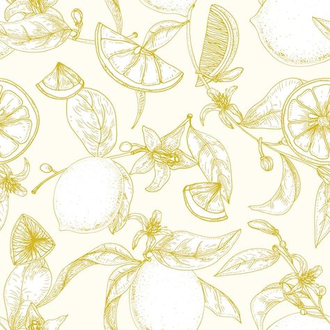 Vector botanical seamless pattern with r... | Premium Vector #Freepik #vector #lemon-flower #tropical-seamless #floral-outline #hand-flower Aesthetic Lemon, Leaves Sketch, Herringbone Wallpaper, Lemon Flowers, Fruits Drawing, Motif Tropical, Ink Splatter, Lemon Patterns, Lino Cut