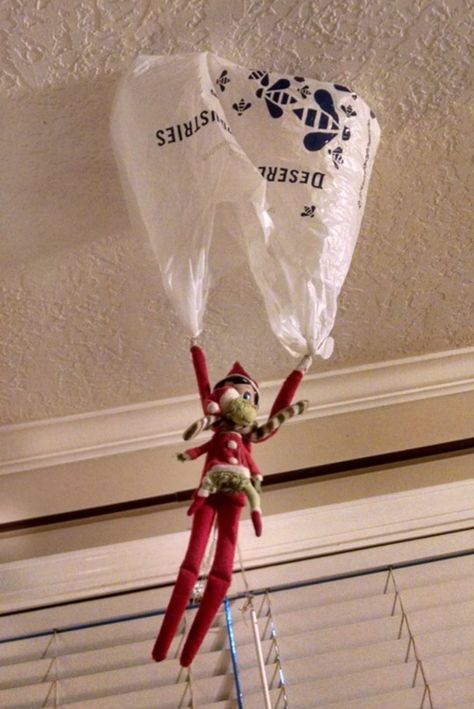 Parachute Elf On The Shelf Plastic Bag Parachute, Parachute Elf On The Shelf, Elf On The Shelf Parachute, Elf Parachute, Elf Mischief, Awesome Elf On The Shelf Ideas, Christmas Crafts For Toddlers, Shelf Ideas, On The Shelf