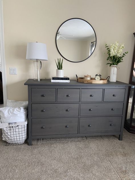 Decor Above Dresser, Bedroom Dresser Decor With Mirror, Black Dresser Decor, Decorating A Dresser Top, Dresser Decor Bedroom, Round Mirror Decor, Black Dressers, Dresser Top, Bedroom Renovation