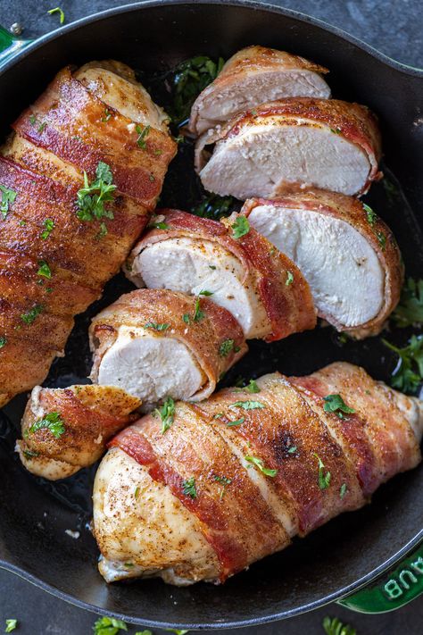 Bacon Wrapped Chicken Breasts - Momsdish Chicken Breast Wrapped In Bacon, Rotisserie Recipes, Chicken Breast With Bacon, Cream Of Mushroom Chicken, Bacon Wrapped Chicken Breast, Stuffed Chicken Breast Spinach, Pan Seared Chicken, Bacon Wrapped Asparagus, Chicken Breast Recipes Easy