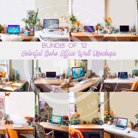 Office Blank Wall Mockup Photo Bundle - Set of 12 Office Wall Art Boho Indie Colorful, Mockup Bundle Sale, Office Mockups Bohemian Office, Hippie Wall Art, Bright Office, Pretty Office, Boho Office, Office Images, Wall Mockup, Artsy Aesthetic, Entryway Bathroom