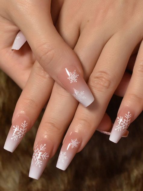 Multicolor  Collar    Color Nails Embellished   Beauty Tools White Christmas Nails Coffin, White Nails With Snowflakes, Christmas Coffin Nail Designs, Winter Birthday Nails, Nails With Snowflake Design, Christmas Coffin Nails, Coffin Christmas Nails, Color Nails, Snowflake Nails