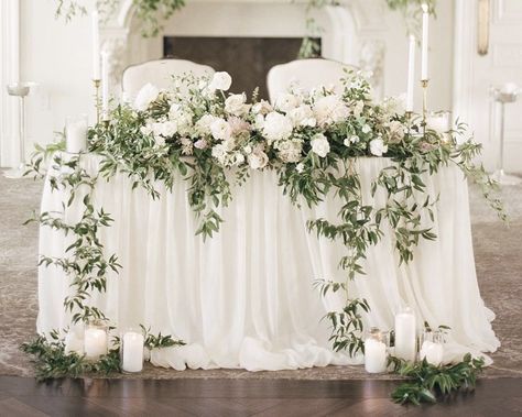 White And Greenery Sweetheart Table, Sweetheart Table Floral Garland, Sweetheart Table Wedding Eucalyptus, White Wedding Sweetheart Table, Sweetheart Table Floral Arrangement, Borthwick Castle, Sweetheart Table Garland, Cornfield Wedding, Wedding Main Table