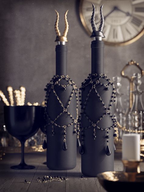 Wine Bottle Covers Diy, Diy Gothic Decor Crafts, Halloween Wine Bottle Crafts, Witchy Products, Gothic Crafts, Witchy Bedroom, Halloween Wine Bottles, Gothic Party, Fantasy Craft