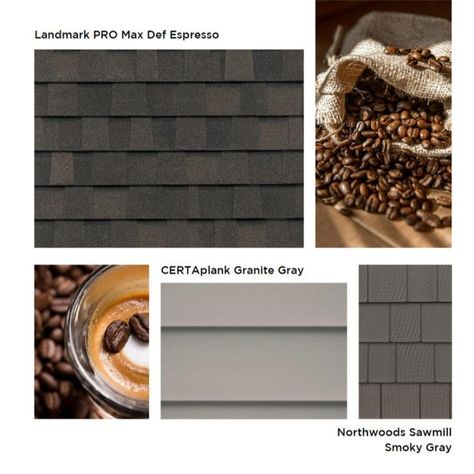 Let your morning espresso inspire the exterior design of your home with this mood board featuring CertainTeed's Siding and Roofing Certainteed Siding, Roof Colors, Exterior House Colors, Curb Appeal, Exterior Design, House Colors, House Exterior, Mood Board, Espresso