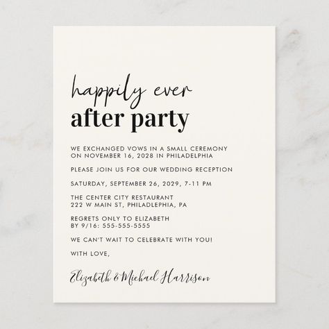 Budget Photo Cream Wedding Reception Invitation Reception Only Wedding Invitations, Happily Ever After Party, Ever After Party, Simple Wedding Reception, Elopement Party, Elopement Invitation, Qr Code Wedding, Elopement Reception, Reception Invitation