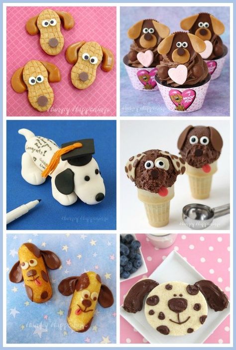 Aren't these puppy dog treats adorable? See how to make puppy dog cookies, cupcakes, sandwiches, ice cream cones, and more at HungryHappenings.com. Savory Party Food, Savoury Party Food, Fun Rice Krispie Treats, Dog Vegetables, Homemade Dog Cookies, Valentine's Day Treats, Decorated Cupcakes, Dog Biscuit Recipes, Love Cookies