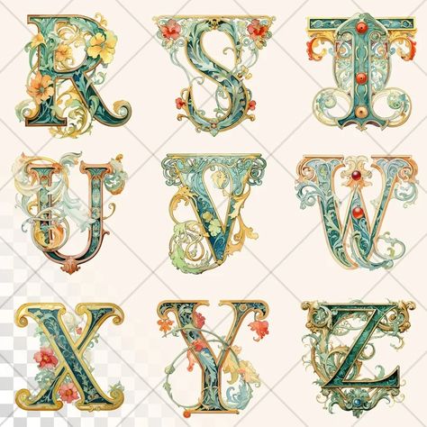 Art Nouveau Alphabet, Art Nouveau Typography, Georges Fouquet, Verde Jade, Art Nouveau Floral, Illuminated Letters, Flower Letters, Floral Letters, Letter Art