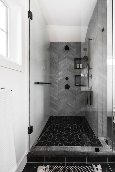 Full Tile Bathroom, Bathroom Wall Ideas, Herringbone Shower, Gray Shower Tile, Black Tile Bathrooms, Magic Decor, Framed Windows, Farmhouse Grey, Farmhouse Shower