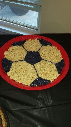 Soccer ball rice crispy treat made by the sister of one of my daughter's teammates. Soccer Snacks, Rice Crispy Treat, Rice Crispy Treats, Crispy Treats, Rice Krispie Treats, Rice Krispie, Rice Crispy, Superbowl Party, Soccer Mom