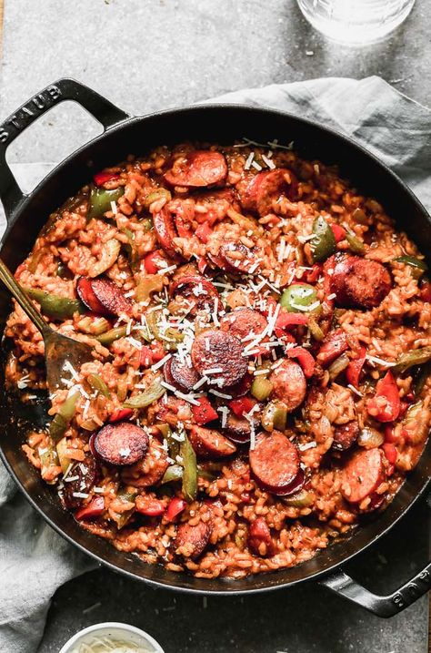 Cheesy Cajun Sausage Risotto - Cooking for Keeps Sausage Risotto, Oven Meals, Cajun Sausage, Cajun Food, Arborio Rice, For Keeps, Quick Dinners, Favorite Recipes Dinner, Pan Meals