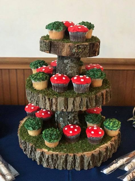 October Birthday Party Ideas, Toadstool Cupcakes, October Birthday Party, Mushroom Stuff, Mushroom Cupcakes, Girly Party Ideas, Woodland Fairy Party, Party Cake Table, Jungle Decorations