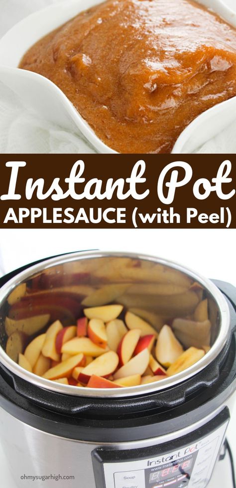 Closeup of applesauce  with a warm brown tint in a white bowl. Picture of an Instant pot loaded with sliced apples with the peel on. Chunky Applesauce Recipe, Apples For Applesauce, Instant Pot Applesauce, Cinnamon Applesauce, Applesauce Recipe, Apple Sauce Recipes, Homemade Applesauce, Instant Pot Pork, Apple Sauce