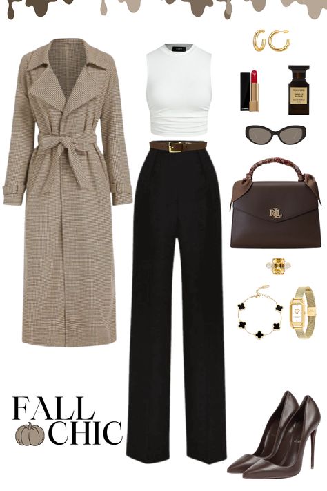 Fall is knocking on the door, and this elegant look is the right answer. Black pants paired with white top, beige coat, dark brown leather Ralph Lauren handbag go perfectly with dark brown leather heels, brown sunglasses, and golden jewelry (hoop earrings, Coach watch, Van Cleef & Arpels Clover bracelet + earrings). Red lipstick and Tom Ford perfume are the final touches to the look. #Fall #Autumn #WomensFashion #OutfitInspo #DarkBrown #Elegant #RalphLauren #Coach #TomFord #GoingOut #OfficeLook Beige Heels Outfit, Fall Chic Outfits, Black Heels Outfit, Coach Outfits, Tom Ford Perfume, Jewelry Hoop Earrings, Ralph Lauren Handbags, Coach Watch, Fall Chic