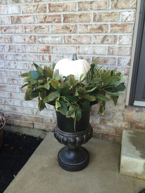 Outdoor Urn Planter Ideas For Fall, Fall Urns, Fall Curb Appeal, Porch Urns, Fall Urn, Fall Hosting, Thanksgiving Porch, Fall Pots, Pretty Porches