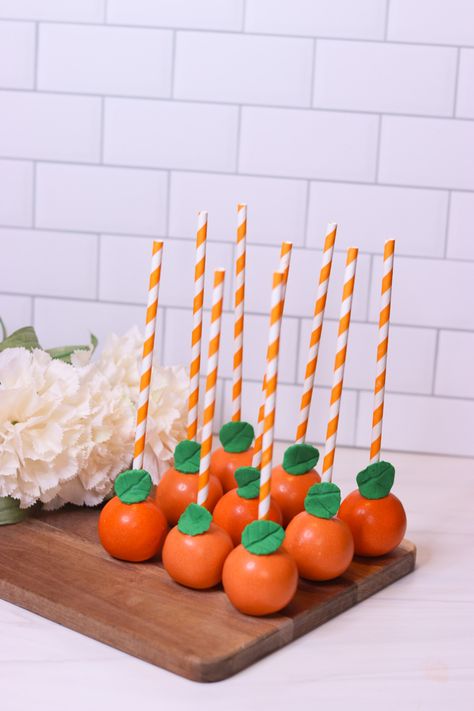 Fruit Cake Pops, Orange Cakepops, Little Cutie Cake Pops, Cutie Cake Pops, Orange Cake Pops, Peach Items, Mandarin Orange Cake, Unique Baby Shower Themes, Lollipop Cake