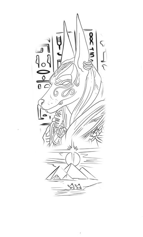 Egyptian Line Tattoo, Anubis Drawing Sketches, Egyptian Drawing Pencil, Eygptain Tattoos Design, Pharaoh Drawing, Egypt Sketch, Anubis Illustration, King Tut Tattoo, Anubis Drawing