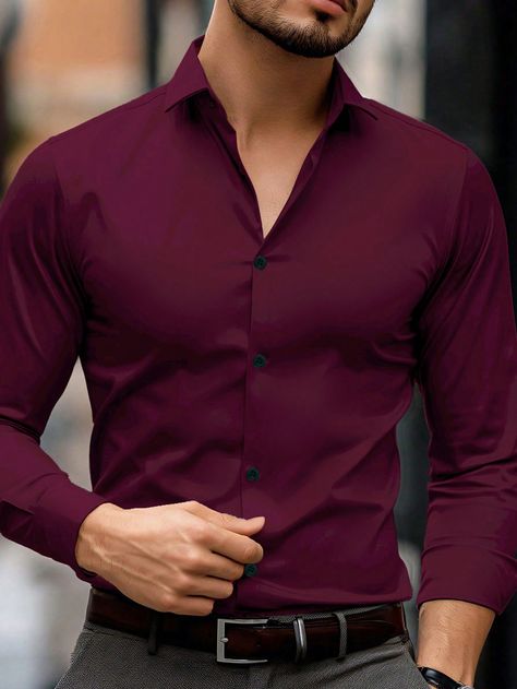 Burgundy Casual Collar Long Sleeve Fabric Plain Shirt Embellished Slight Stretch  Men Clothing Wine Red Shirt Outfit Men, Burgundy Shirt Outfit Men, Button Up Shirt Men Outfits, Red Outfit Casual, Red Shirt Men, Gents Shirts, Formal Dresses For Men, Mens Business Casual Outfits, Check Shirt Man