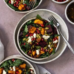 Roasted Beet and Butternut Squash Salad Vegan Goat Cheese, Spinach Feta Salad, Vegan Feta, Salad Kale, Cheese Vegan, Raw Beets, Pumpkin Salad, Butternut Squash Salad, Fresh Beets