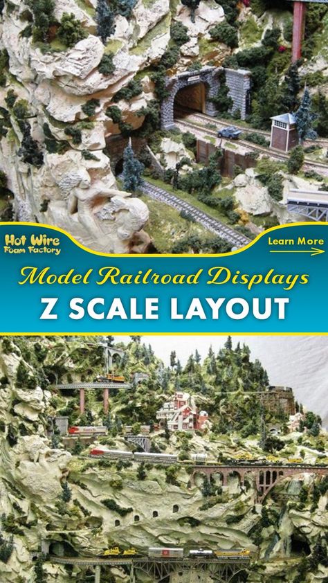 These highly detailed Z scale model railroad layouts were created by Frederick Ladd using foam as the base. #modeltrains #scalemodeling #modelrailwayscene #modelrailroad #terrainbuilding Mountain Display, Z Scale Trains, Foam Factory, Model Train Table, Train Table, Model Train Layouts, Train Layouts, Model Train, Toy Train