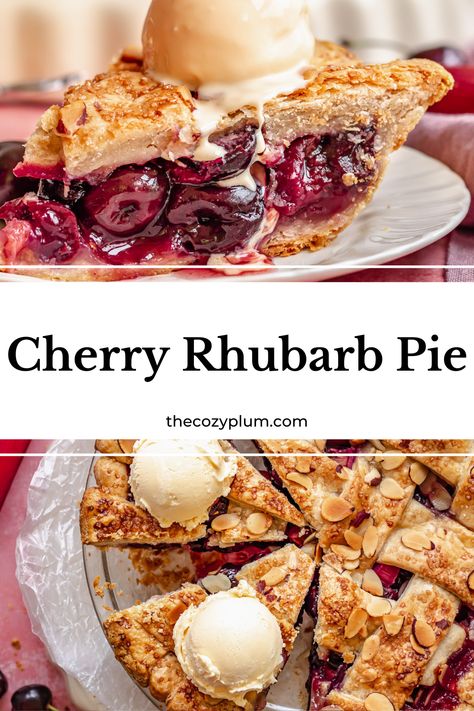 Cherry Rhubarb Pie combines a sweet and tart jammy filling in a flaky, homemade crust. Cherries and rhubarb are an iconic summer fruit combination, and this pie, with a beautiful lattice crust, is like summer on a plate. This rhubarb cherry pie is like a cherry rhubarb crumble or crisp in pie form. Fresh or frozen sweet dark cherries work great paired with tart rhubarb. The fruit gets mixed with cornstarch and sugar for a perfectly set fruit pie filling. Cherry Rhubarb Pie, Apple Rhubarb Pie, Cherry Rhubarb, Rhubarb Recipes Pie, Lattice Crust, Homemade Pie Recipes, Fruit Pie Filling, Homemade Crust, Graham Cracker Recipes