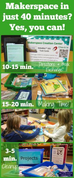 Don't let a fixed library schedule or limited class time stop you! You *can* implement makerspace centers in 40 minute library classes | Mrs. J in the Library #MrsJintheLibrary #makerspace #maker #makerED #librarycenters #elementary #library #STEM #STEAM School Library Makerspace Ideas, Makerspace Elementary Library, Makerspace Elementary, School Makerspace, Makerspace Activities, Maker Space Ideas, Library Makerspace, Makerspace Projects, Elementary Librarian