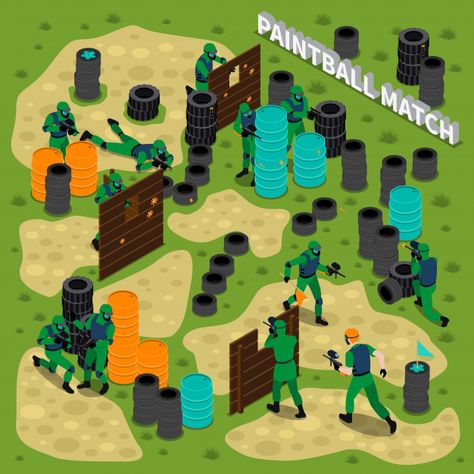 Paintball match isometric illustration | Free Vector #Freepik #freevector #business #cover #template #sport Diy Paintball Course, Paintball Field, Block Plan, Sport Vector, Nerf Party, Outdoor Park, Isometric Illustration, Backyard Playground, Paintball