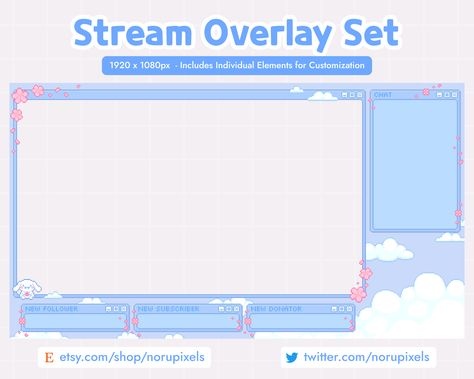 Clouds and Cherry Blossoms Twitch Stream Overlay Set | Sakura Pixel 8 bit Kawaii Aesthetic Overlay | Customizable Overlay Vtuber Friendly Aesthetic Overlay, Twitch Stream Overlay, Stream Overlay, Twitch Stream, Twitch Streamer, 8 Bits, Cherry Blossom Flowers, Kawaii Aesthetic, Blossom Flower