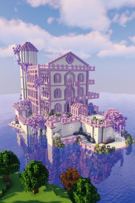 Big Buildings Minecraft, Purple Minecraft House Aesthetic, Minecraft Mansion Aesthetic, Minecraft Houses Quartz, Purple Castle Minecraft, Minecraft Purpur Build, Minecraft Pastel House, Pastel Minecraft House, Pink Mansion Minecraft