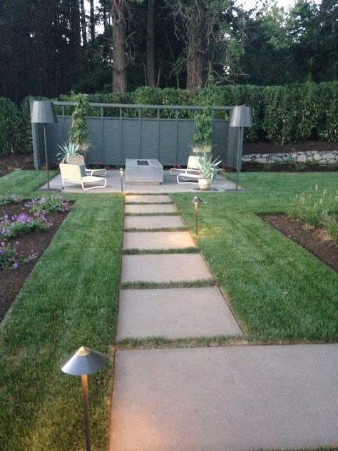 Backyard Paver And Grass Ideas, Concrete With Grass In Between, Big Pavers Walkways, Pavers In Grass Lawn, Grass With Pavers, Grass And Pavers Backyard Ideas, Rectangle Pavers, Pavers With Grass In Between, Large Concrete Pavers