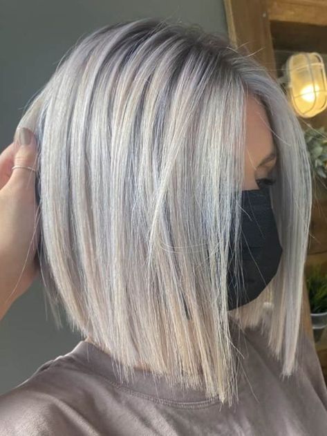 Cool Blonde Hair Color Short, Short Hair Blonde Color Ideas, Soft Angled Bob, Blondish Grey Hair Color, Short Icy Blonde Hair Bob, Short Blonde Aline Bob, Icy Blonde Balayage Short Hair, Trendy Silver Hair, Blonde Lobs Fine Hair