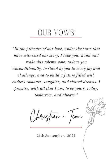 "Elevate your love story with our \"Custom Wedding Vows PDF for Framing.\" This personalised marriage vow art allows you to immortalise your heartfelt promises in a beautifully designed PDF format. With elegant typography and customisable options, you can create a unique piece of wall decor that symbolizes your enduring commitment. Whether you're a newlywed looking to frame your vows or celebrating a milestone anniversary, this digital download adds a touch of romance and sentiment to your home. Download now to transform your wedding vows into a visual masterpiece, keeping your love alive and visible for years to come." Soulmate Wedding Vows, Examples Of Vows, I Vow To, Country Wedding Vows, Deep Wedding Vows, With This Ring Vows, Spiritual Vows, Her Vows To Him, Wedding Vow Quotes