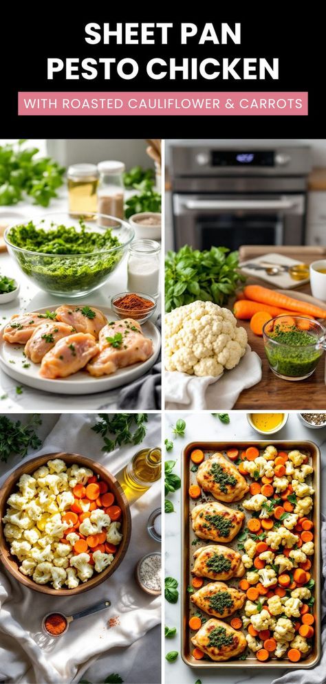 🥗 Try our sheet pan pesto chicken with roasted cauliflower and carrots for a perfect blend of convenience and flavor. Simply toss everything onto a sheet pan, roast, and enjoy a wholesome meal that the whole family will adore. #SheetPanDinner #PestoChicken #RoastedCauliflower #RoastedCarrots #HealthyEating #OnePanMeals #QuickDinner #EasyRecipes #HealthyRecipes #SimpleCooking #DinnerInMinutes #ComfortFood #FamilyMeals #CookingAtHome #MealPrepIdeas #NutritiousAndDelicious #WeeknightMeals #Foodie Roasted Cauliflower And Carrots, Sheet Pan Pesto Chicken, Undercooked Chicken, Chicken Crisps, Pan Roast, Carrot Recipes, One Pan Meals, Sheet Pan Dinners, Pesto Chicken