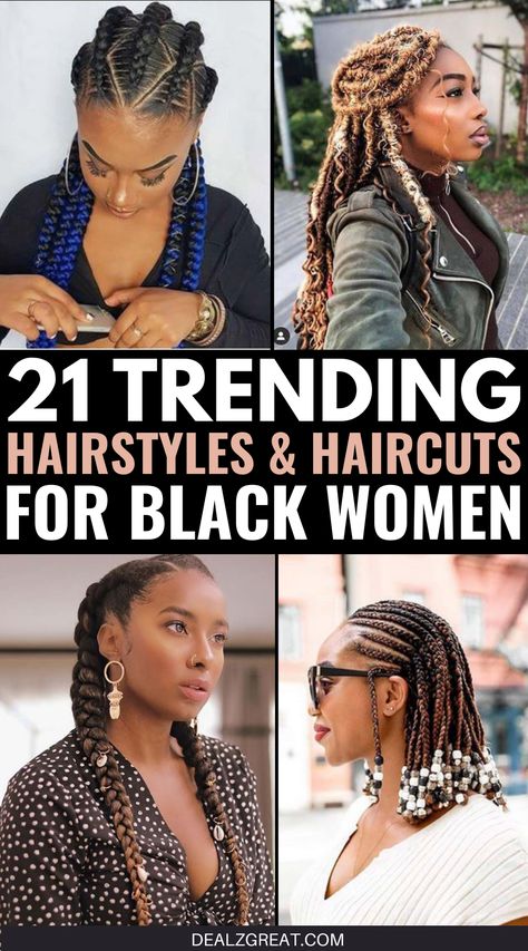 21 Trending Hairstyles and Haircuts for Black Women Hair Style For Black Women 2023, Modern Braid Hairstyles For Black Women, New Year Hairstyle Braids, Easy 2023 Hairstyles, 2023 Black Hair Trends For Women, Hair Braiding Ideas For Black Women, Black Hairstyles 2023 Trends, Black Hair Vacation Styles, Black Braiding Hairstyles