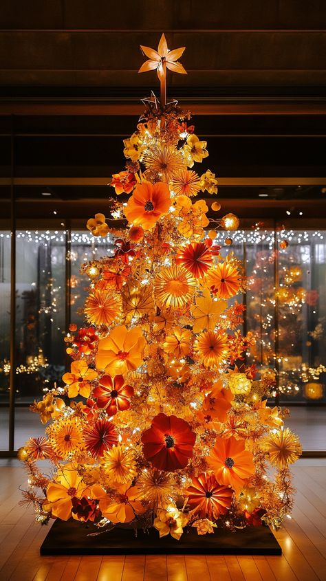 A Christmas tree of orange and gold paper flowers, adorned with lights and ornaments, set in a warm museum space. Orange Christmas Aesthetic, Orange Christmas Tree, Poinsettia Tree, Gold Christmas Tree Ideas, Floral Christmas Tree, Rosé Christmas, Festival Of Trees, Orange Christmas, Christmas Planters