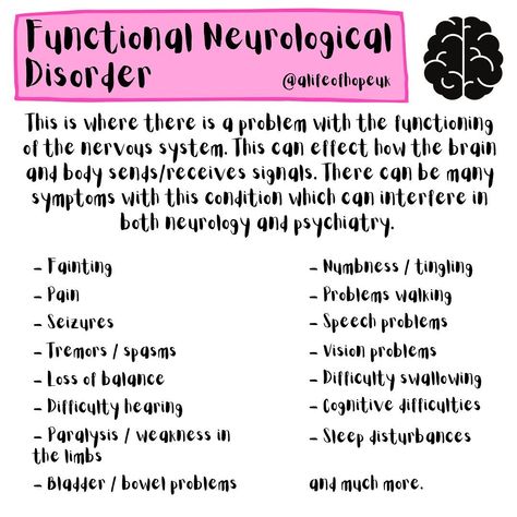 Awareness image for Functional Neurological Disorder. Feel free to save/share this post to make your friends/family aware. But please don't forget to tag us. Functional Neurological Disorder, Conversion Disorder, Medical School Life, Invisible Disease, Basic Anatomy And Physiology, Nurse Study Notes, Cold Symptoms, Vision Problems, Neurological Disorders