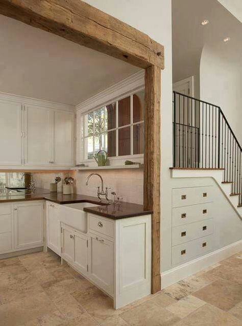 Love the contrast! Best Farmhouse Sinks, Mediterranean Kitchen Design, Mediterranean Kitchen, Shaker Style Cabinets, Travertine Floors, Space Saving Kitchen, Farmhouse Kitchen Cabinets, Stair Case, Farmhouse Sink Kitchen