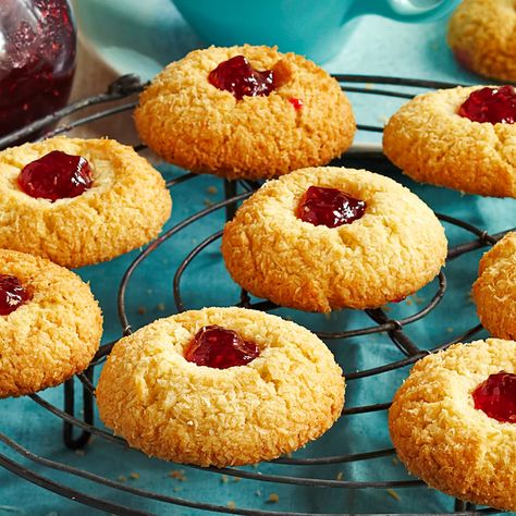 Coconut jam drops | Women's Weekly Food Coconut Jam Drops, Jam Drops Recipe, Jam Drop Biscuits, Thumbprint Cookies Christmas, Jam Drops, Coconut Jam, Coffee Cheesecake, Thumbprint Cookies Recipe, Drop Biscuits