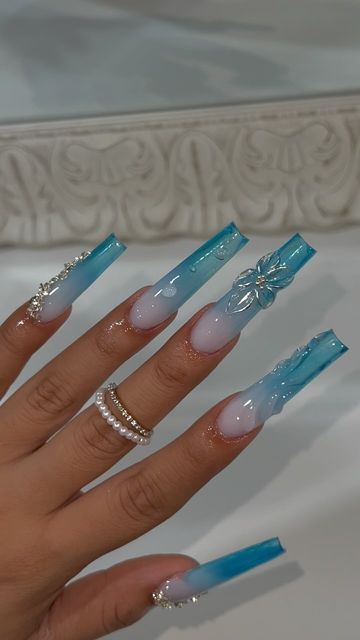 White Nails With Blue Gems, White Nails Blue Gems, Blue And White Long Nails, Blue Long Nails, Blue Long Acrylic Nails With Diamonds, Blue Tapered Square Nails Long, Square Nail Designs, Gel Nails Diy, Drip Nails