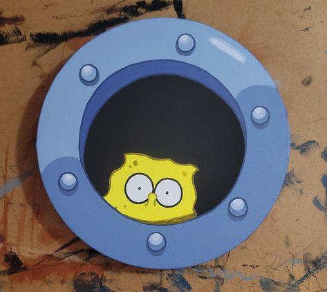 Original SpongeBob Bikini Bottom Themed Acrylic Painting Peepin out of a Porthole Painted on 8" round canvas, fully painted sides and ready to hang up! Great gift for any SpongeBob fan!! Spongebob Porthole, Painting Spongebob, Squidward Art, Room Artwork, Cartoon Artwork, Round Canvas, Bowling Ball, Bowling, Acrylic Painting