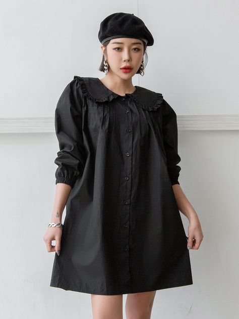 Black Cute  Long Sleeve Cotton Plain Shirt Embellished Non-Stretch Spring/Summer Women Dresses Peter Pan Collars, Plain Shirt, Puff Sleeve Dress, Plain Shirts, Puffed Sleeves Dress, Pan Collar, Peter Pan Collar, Babydoll Dress, Women Dresses