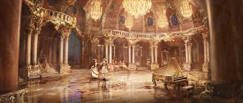 ArtStation - Ballroom, Karlsimon - concept art and illustration Fantasy Ballroom, Concept Art World, Luxury Background, Disney Concept Art, Castle Designs, Art Disney, Disney Beauty And The Beast, Concept Art Drawing, Fantasy Concept Art